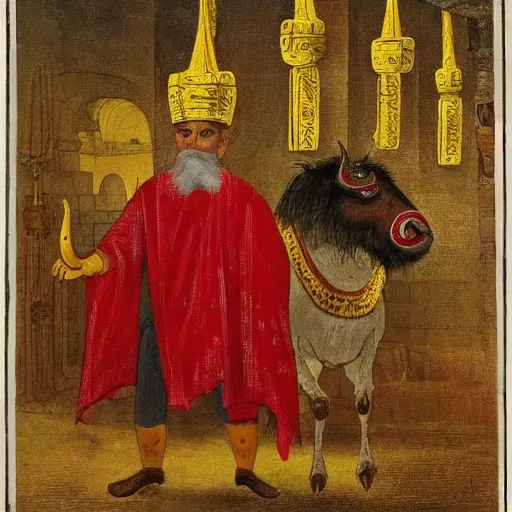 Prompt: Turkish sorcerer with dressed in red ridding a white bull with golden horns inside a crypt full of gold