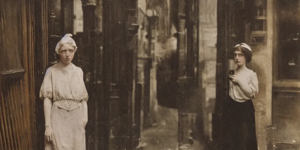 Image similar to a young woman with freckles looks deeply into the camera, 1920's london street, art nouveau, dark streets, grungy, style of Joel Meyerowitz, gustav klimpt, colour painterly