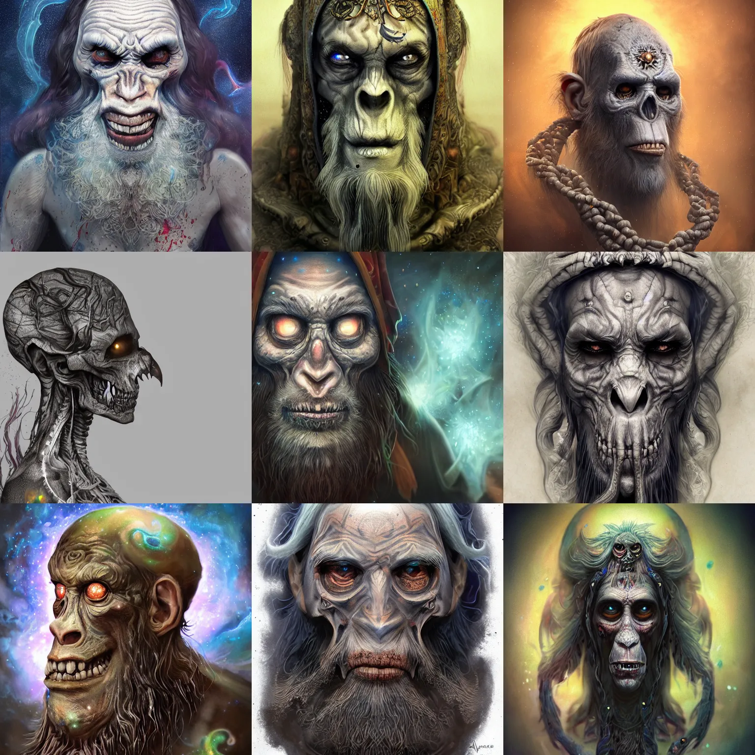 Image similar to a wlop 3 d render of very very very very highly detailed beautiful mystic portrait of a phantom undead mage ape with whirling galaxy around, tattoos by anton pieck, intricate, extremely detailed, digital painting, artstation, concept art, smooth, sharp focus, illustration, intimidating lighting, incredible art,