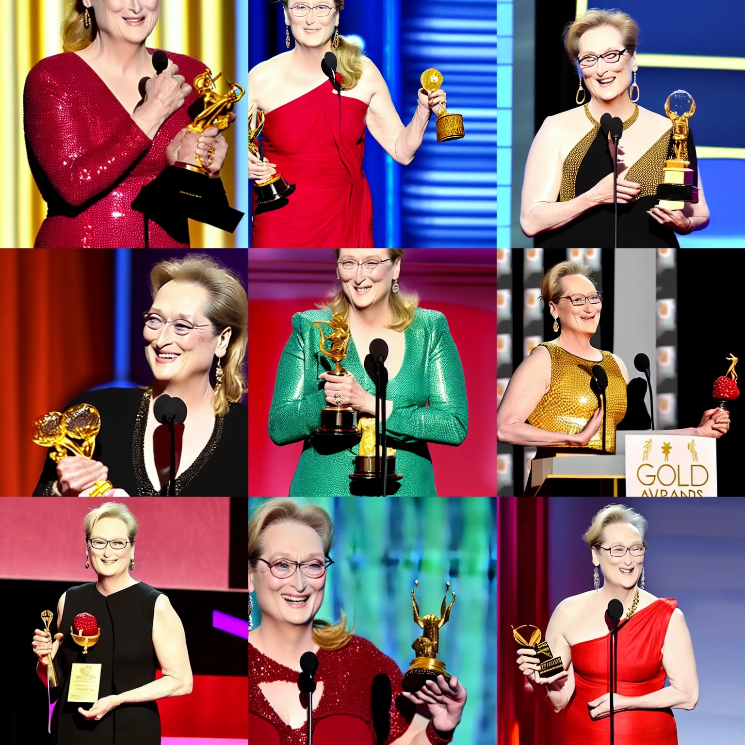 Prompt: Meryl Streep accepting a gold plated raspberry award