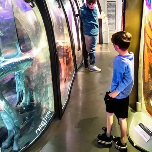 Prompt: kid visiting the alien museum
