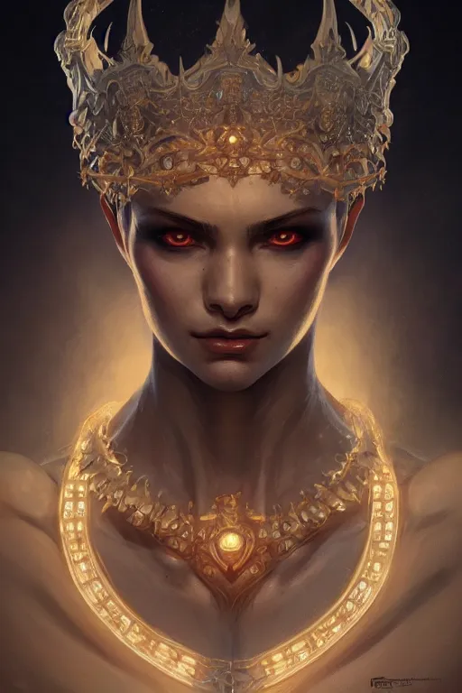 Image similar to highly detailed portrait of an elegant demon, ornate crown, beautiful symmetrical face, glowing skin, digital painting, artstation, concept art, smooth, clear focus, illustration, greg rutkowski, artgerm, global lighting, detailed and fantasy