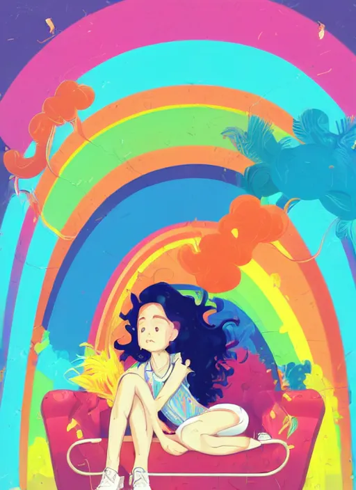 Prompt: a little girl with wavy curly rainbow hair sitting in an armchair. clean cel shaded vector art. shutterstock. behance hd by lois van baarle, artgerm, helen huang, by makoto shinkai and ilya kuvshinov, rossdraws, illustration, art by ilya kuvshinov