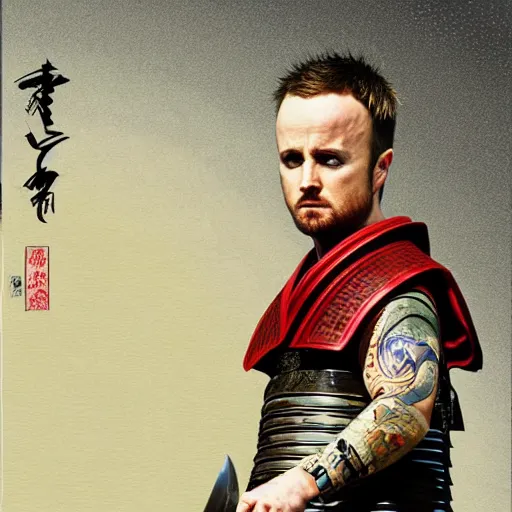 Image similar to jesse pinkman from breaking bad wearing samurai armor and holding a katana in feudal japan, 4 k, hyper realistic, ink block painting, edo period