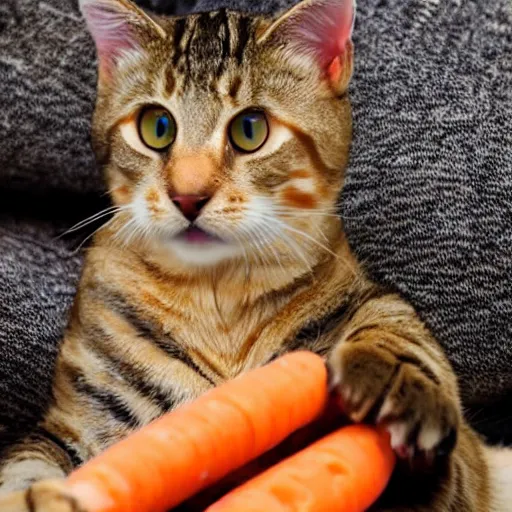 Prompt: big tabby cat with white paws biting a carrot