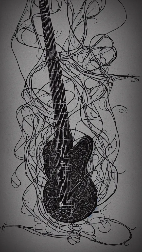 Image similar to a guitar with long thick vines wrapping around it, fantasy art, art station, grey background,