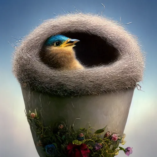 Image similar to long shot of a very fluffy sparrow chick nesting in a floral cup, esao andrews, by m. w. kaluta, humorous illustration, hyperrealistic, tilt shift, warm colors, night scenery, low light, 3 d octane render, 4 k, volumetric lights, smooth, cosy atmosphere, conceptart, hyperdetailed, trending on deviantart
