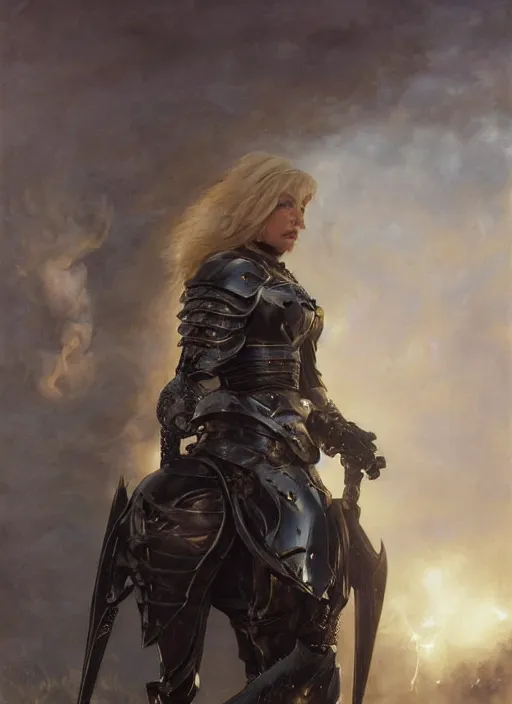 Image similar to blonde short haired muscular woman wearing medieval black armour, detailed by gaston bussiere, bayard wu, greg rutkowski, giger, maxim verehin, greg rutkowski, masterpiece, sharp focus, cinematic lightning