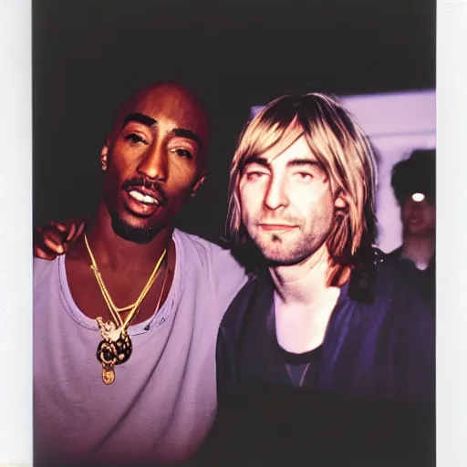 Image similar to Polaroid photograph of Kurt Cobain and Tupac Shakur in a club, blurry, XF IQ4, 150MP, 50mm, F1.4, ISO 200, 1/160s, natural light, Adobe Lightroom, photolab, Affinity Photo, PhotoDirector 365,