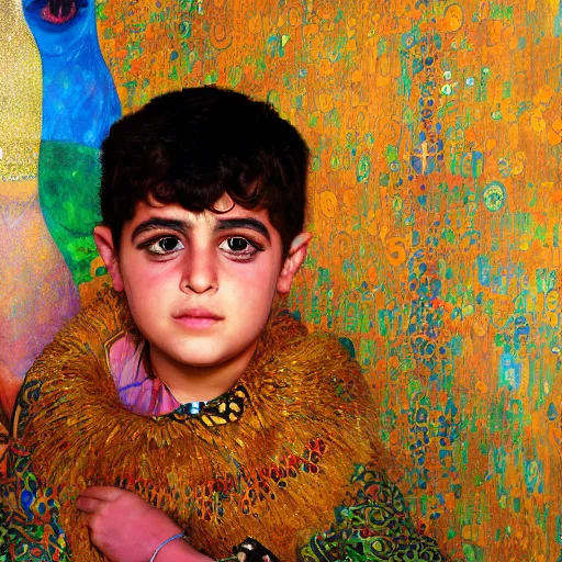 Prompt: painting of vivid colors Iraqi child in front of a gustav klimt wallpaper by android jones, detailed matte painting, 8k resolution