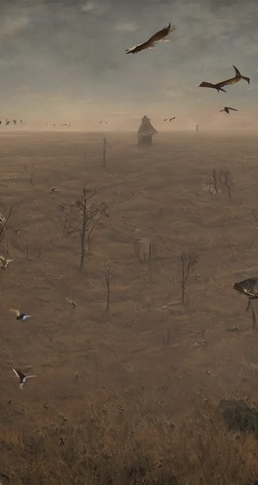 Image similar to birds in the sky, from the game pathologic 2, highly detailed, sharp focus, matte painting, by isaac levitan and asher brown durand,