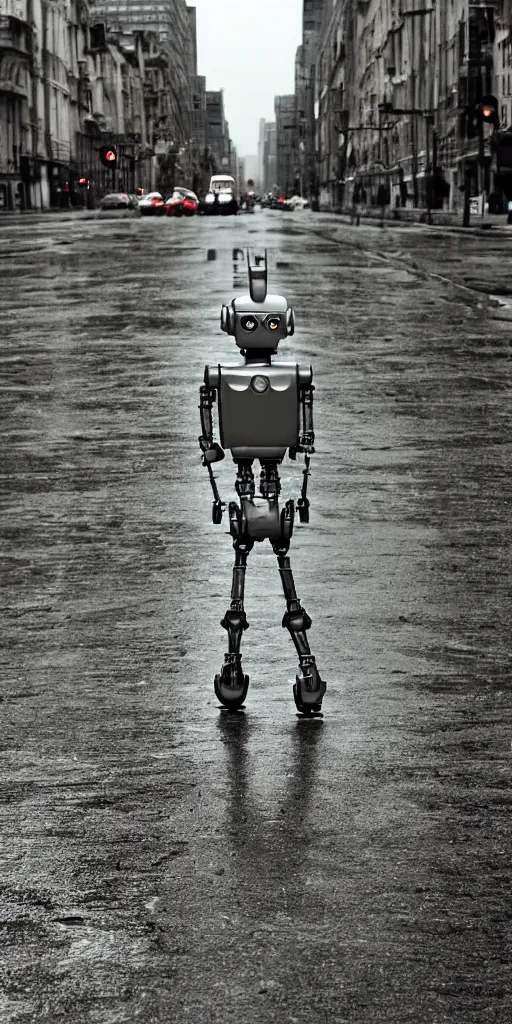 Image similar to robot on the road, city, photo, rain,