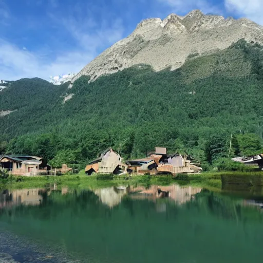 Prompt: a photo of a 1500 village close to a lake