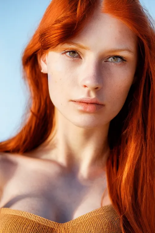 Prompt: olive skinned redhead female model in her twenties, wearing a v - neck sweater, looking content, focused on her neck, photo realistic, extreme detail skin, natural beauty, no filter, slr, golden hour, 4 k, high definition, selfie