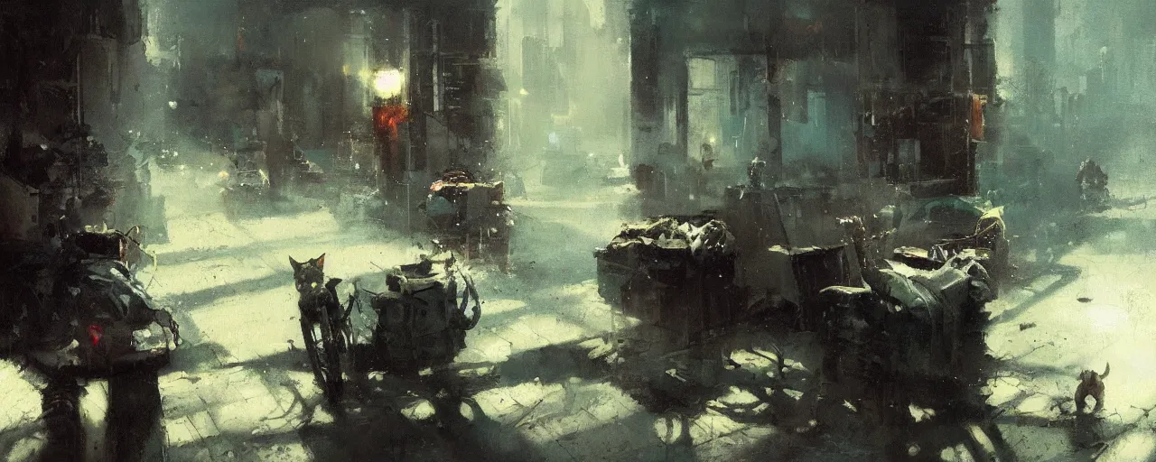 Prompt: The kitty mafia by jeremy mann and greg rutkowski, dramatic earth colors with few farm green highlights, 80 mm lens, oil on canvas