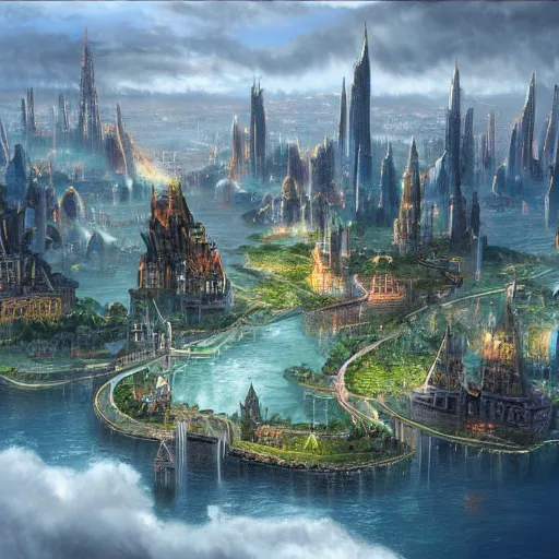 Image similar to fantasy concept art, magic city floating high in the sky, 8k, high detail