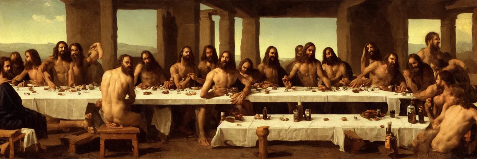 Prompt: jesus at the last supper with his disciples, drinking jack daniels, passing big blunts, shirtless man eating, in cloud of smoke, 4 k, hyperrealistic photograph, highly detailed, sharp focus, art by ilya repin