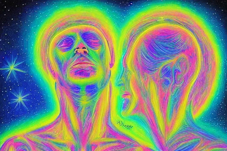 Image similar to digital art of a spiritual man looking up at the stars, glowing light, acrylic art, universe, painting, pastel colors, alex grey,