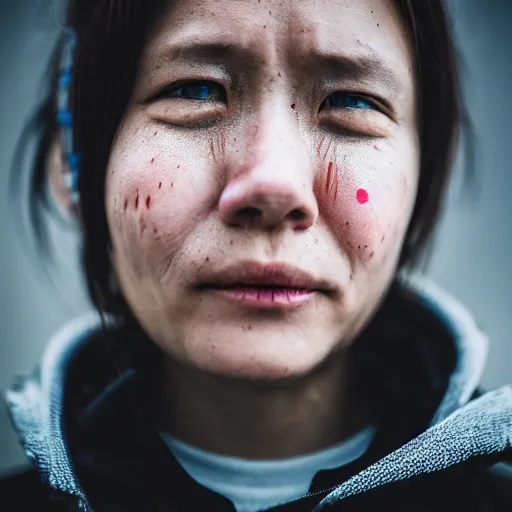 Image similar to photographic portrait of a poor techwear woman with tears in her eyes, closeup, sigma 85mm f/1.4, 4k, depth of field, high resolution, 4k, 8k, hd, full color