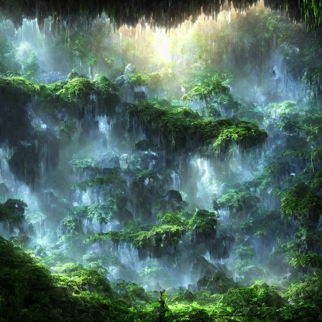 Image similar to a beautiful and stunning digital render of an epic glowing crystal cave, a lush prehistoric jungle, dimly glowing mushrooms, haze, waterfall, volumetric lighting, photorealistic, unreal engine 5, ultra detail, trending on artstation