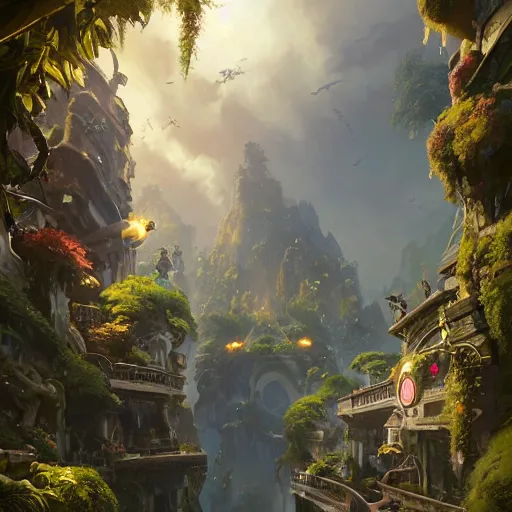 Image similar to worm's eye view of overwatch headquarters carved inside a mountain above a lush garden, neatly trimmed vegetation, magical, natural light, fantasy, sharp focus, concept art, by greg rutkowski and craig mullins, cozy atmospheric