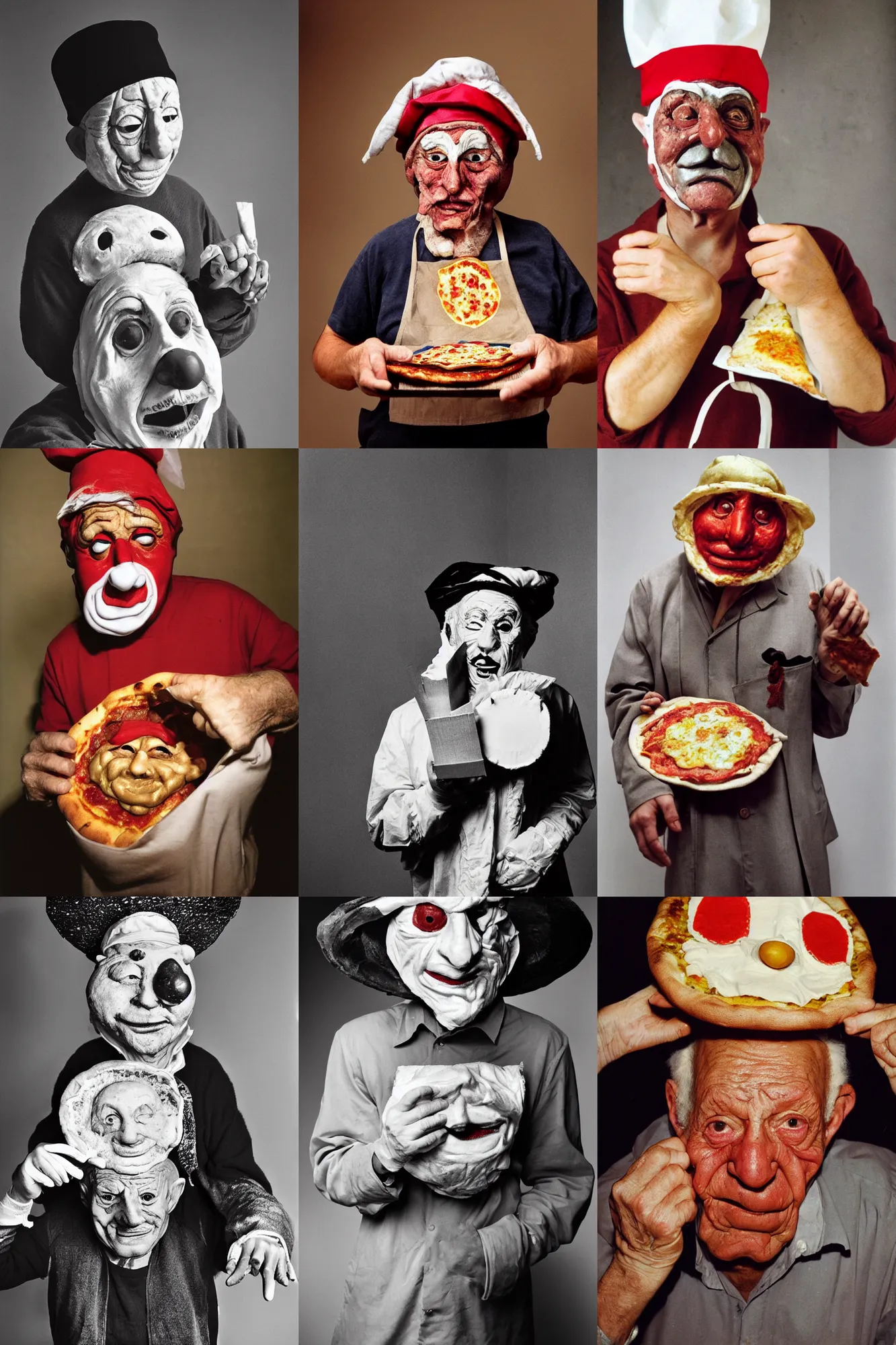 Prompt: close - up portrait of a wrinkled old man wearing a pulcinella mask holding up a pizza!! to behold, clear eyes looking into camera, baggy clothing and hat, masterpiece photo by cindy sherman