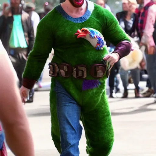 Image similar to chris evans wearing a funky chicken costume