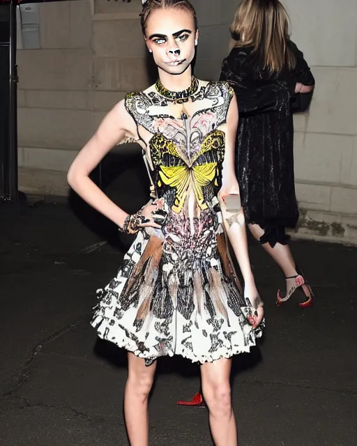 Prompt: cara delevingne wearing ornate butterfly dress by Alexander McQueen, full body, raymond swanland