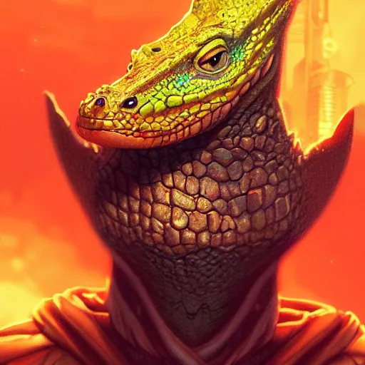 Image similar to close up portrait of a young lizard as a wizard with an epic idea, pixar style, stylized face, intricate detail, digital painting, glowing orange eyes, neon colors, cyberpunk, particles floating, industrial background by wlop, artwork by ross tran and ramond swanland and liam wong and mike winklemann, trending on artstation