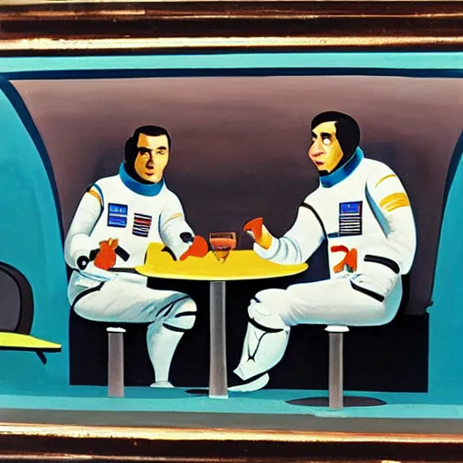 Image similar to two astronauts chatting in the corner booth of a greasy diner on the moon, midcentury American painting, stunning light, incredible detail