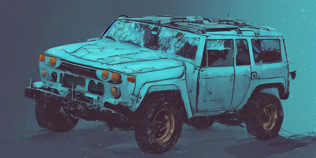 Image similar to digital illustration of a futuristic faded cyan mad max's fj 4 0 decrepit!!!! pursuit special, rusty!!! cyberpunk nissan fj cruiser heavily modded 1 9 9 0 s, the last v 8 interceptor by makoto shinkai, ilya kuvshinov, lois van baarle, rossdraws, basquiat