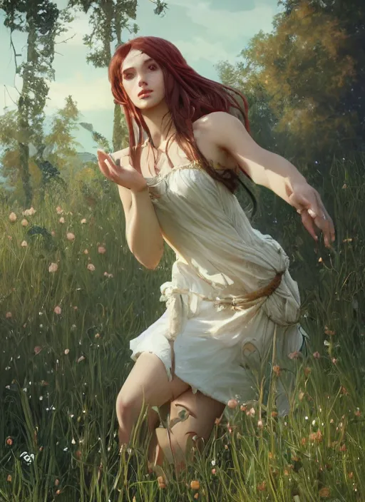 Image similar to A stunning elf female on a beutiful meadow, afternoon, art by Artgerm and Greg Rutkowski and Alphonse Mucha and miro manara, unreal 5, DAZ, hyperrealistic, octane render, RPG portrait, ambient light, dynamic lighting