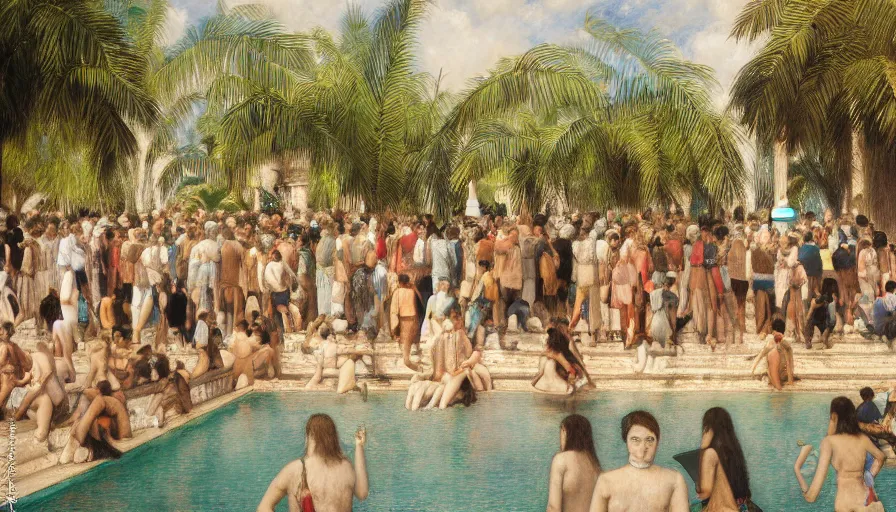 Prompt: a ultradetailed beautiful painting of hundreds of people around an old fountain in the amazonas palace balustrade designed by jules bastien - lepage, tarsila do amaral, frank weston and gustave baumann, beach, trending on artstation, mediterranean, palm trees, sharp focus, soft light, 8 k 4 k