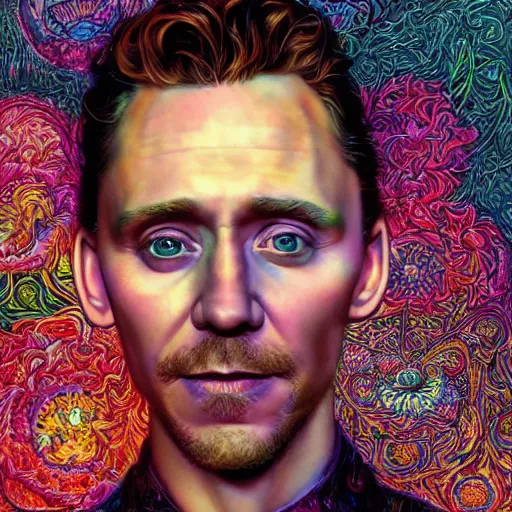 Image similar to portrait of tom hiddleston, hyper detailed masterpiece, neon floral pattern, jean giraud, digital art painting, darkwave goth aesthetic, psychedelic, artgerm, donato giancola and tom bagshaw