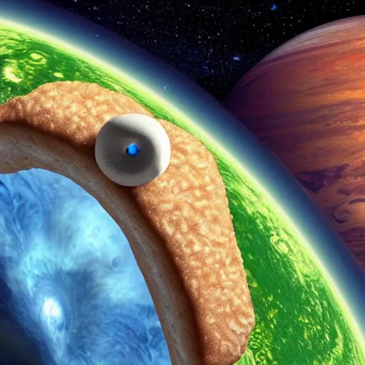 Image similar to humans discovering a lush donut shaped planet in deep space