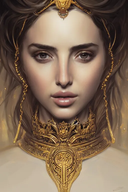 Prompt: highly detailed portrait of ana de armas as an elegant goddess, ornate crown, beautiful symmetrical face, digital painting, artstation, concept art, smooth, clear focus, illustration, greg rutkowski, artgerm, global lighting, detailed and fantasy