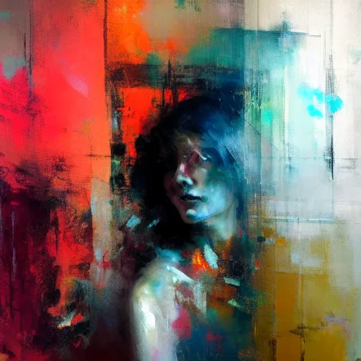 Image similar to abstract painting of woman in bright colour by jeremy mann