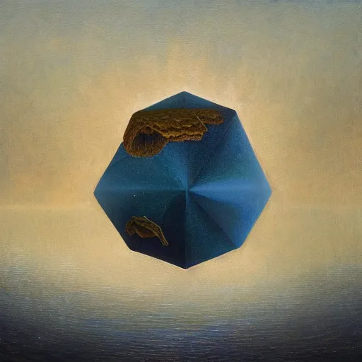 Image similar to a highly detailed oil painting of an icosahedron floating above a lake, Agostino Arrivabene, painted on ancient wood