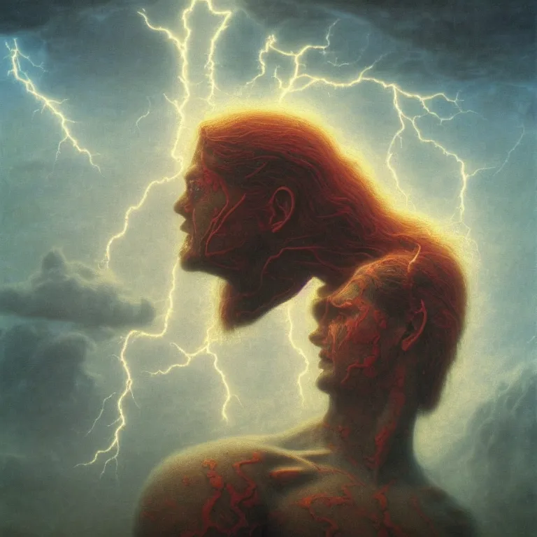 Prompt: asgardian god of thunder, covered with lightning by beksinski, psychedelic trippy visionary art, soft bloom lucid dream - like atmosphere, baroque painting, perfect composition, detailed octane render trending on artstation, 8 k artistic photography, volumetric cinematic perfect light, chiaroscuro, masterpiece, raphael, caravaggio, beksinski, rutkowski, beeple