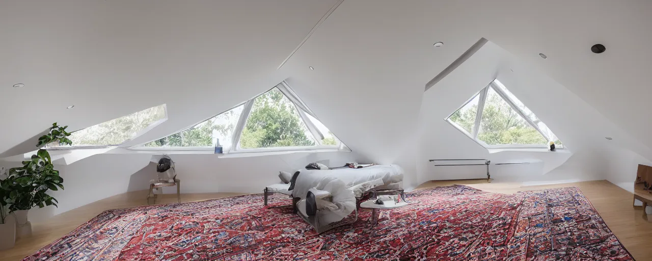 Prompt: 1.7 metre low attic, with matte white angled ceiling, with 2 windows opposing each other, with a large square window in the back right corner of the room, with exquisite turkish and persian rugs on the polished plywood floor, XF IQ4, 150MP, 50mm, F1.4, ISO 200, 1/160s, natural light