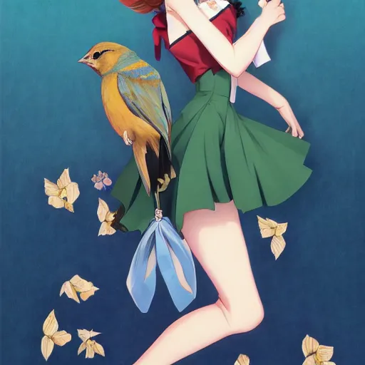 Image similar to colored pencil, anime art, beautiful full body female pinup girl, she is holding an indigo bunting bird, in her hand, the bird is wearing a bowtie, wlop, rossdraws sakimimichan, ilya kuvshinov, krenz cushart, greg rutkowski