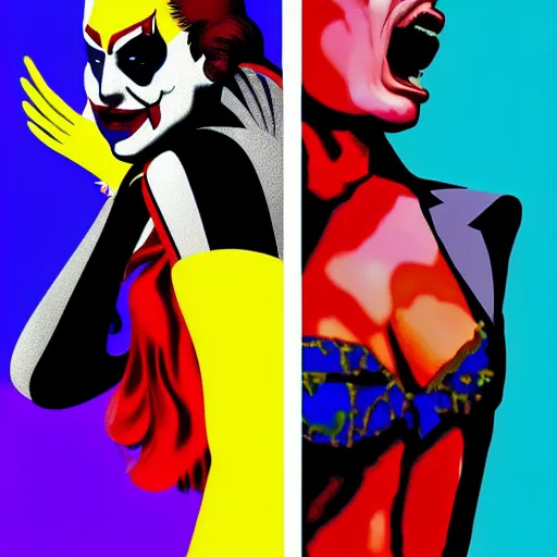 Image similar to richard hamilton and mimmo rottela as lady gaga harley queen and joaquin phoenix joker, pop art, 2 primary color, justify content center, object details, dynamic composition, 4 k, ultra realistic art, smooth, sharp focus, illustration, concept art, intricate details, h 7 6 8