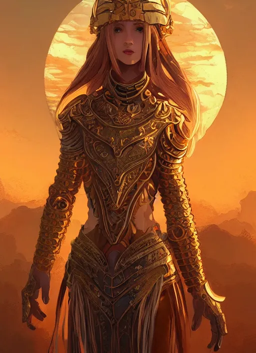 Image similar to portrait knights of zodiac girl, golden and copper shining armor, in ruined agora of athens sunrise, ssci - fi and fantasy, intricate and very very beautiful and elegant, highly detailed, digital painting, artstation, concept art, smooth and sharp focus, illustration, art by ilya kuvshinov and tian zi and wlop and z - - ed