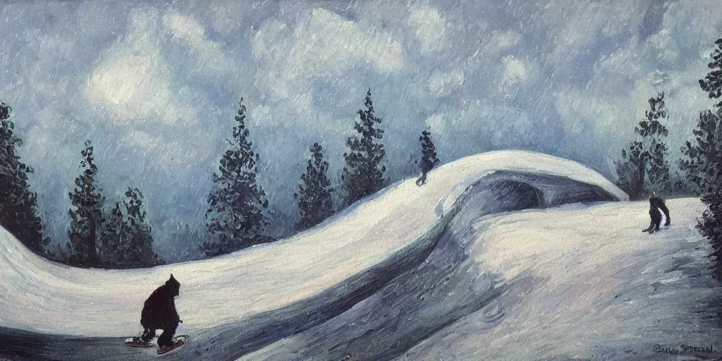 Image similar to pepe the frog snowboarding, gloomy landscape, expressive oil painting by christopher radlund and camille pissaro