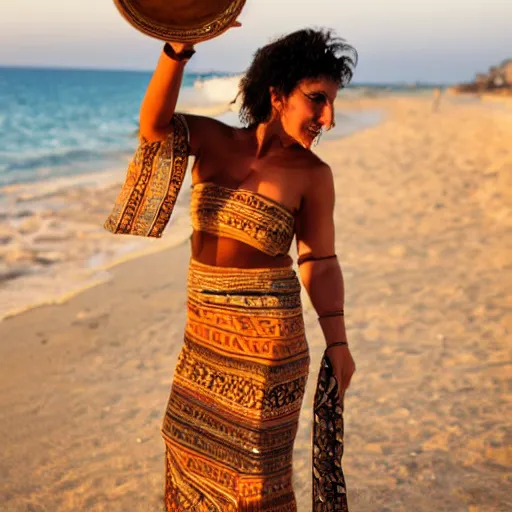 Image similar to 3 5 year old mediterranean skinned woman in ancient canaanite clothing dancing with a tambourine by the ocean, sunset, other women dancing behind,