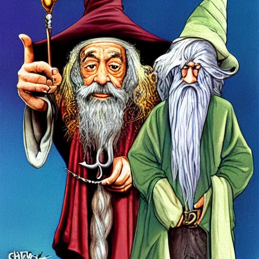 Prompt: Cheech & Chong as Dumbledore and Gandalf, Full-Wizard smock and hat, wizard's chain-necklace and spell scepter