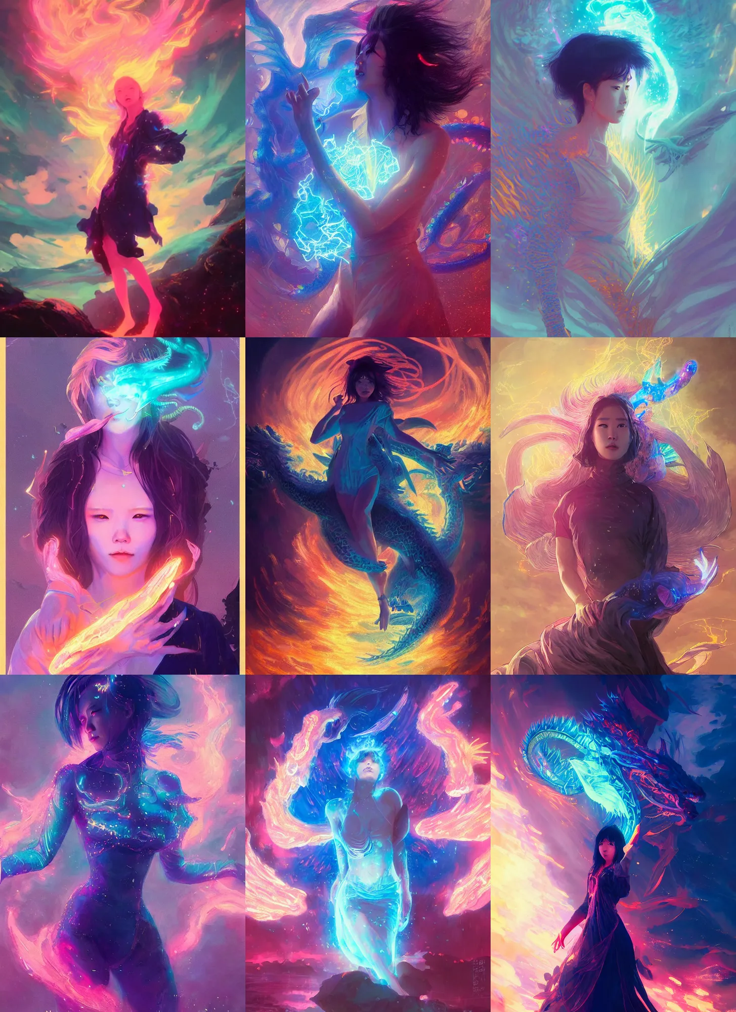 Prompt: lee jin - eun with powerful royal blue celestial dragon energy powers emerging from pink bioluminescent wave in gold cyberpunk theme by greg rutkowski, claude monet, conrad roset, takato yomamoto, james jean, rule of thirds, seductive look, beautiful