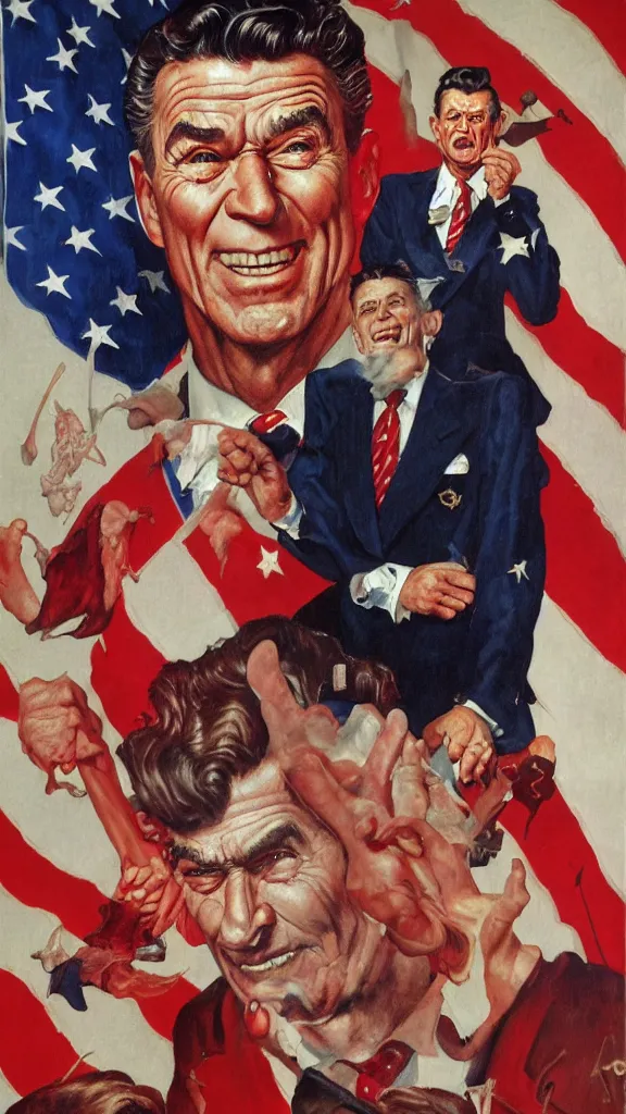 Prompt: ronald regan dressed as satan, painting in the style of norman rockwell, 1 9 5 0 s, evil, hyperrealistic, photorealistic, award - winning, 4 k, ultra hd, artstation, intricate, highly detailed, patriotic, american, usa, dark, gritty