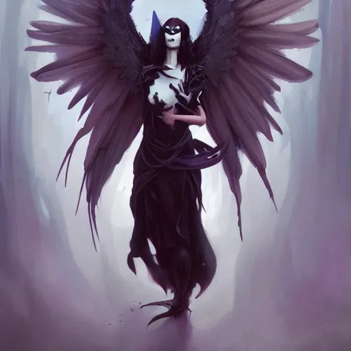 Prompt: character portrait of a modest robed dark raven angel trickster with iridescent black raven wings, by Peter Mohrbacher, Mark Brooks, Jim Burns, Marina Abramović, Wadim Kashin, Greg Rutkowski, trending on Artstation