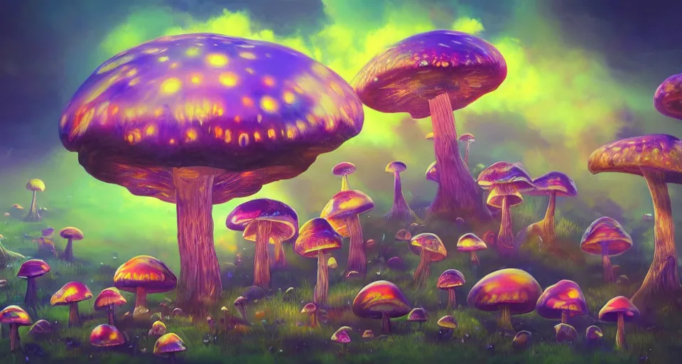 Image similar to a beautiful painting of trippy mushrooms by Tokio Aoyama, Mario Martinez, David Normal. photorealistic, trending on artstation, dramatic lighting, 8K, fantasy beautiful, surreal, cinematic.